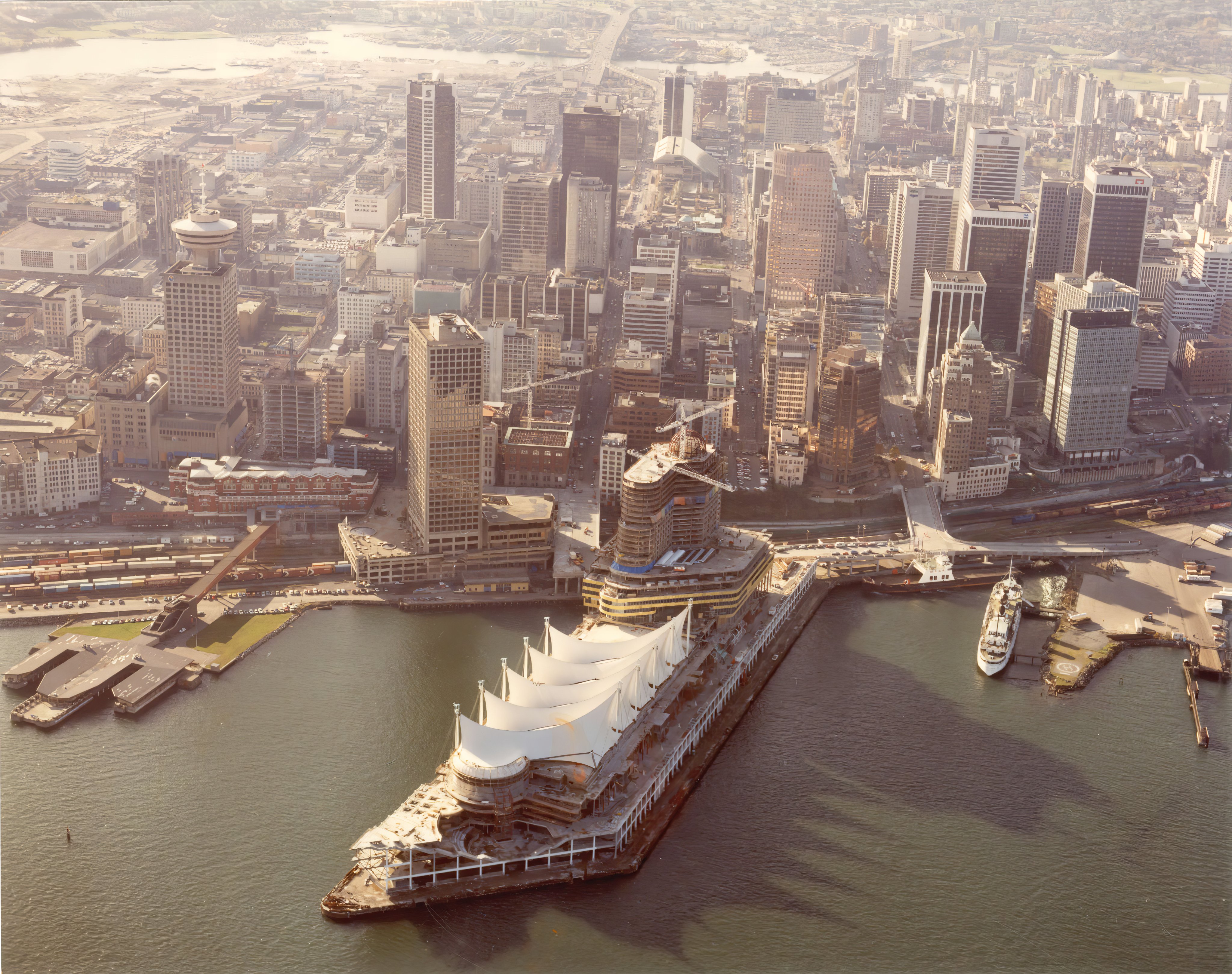 Aerial view of Downtown Vancouver looking south from Burrard Inlet in 1984