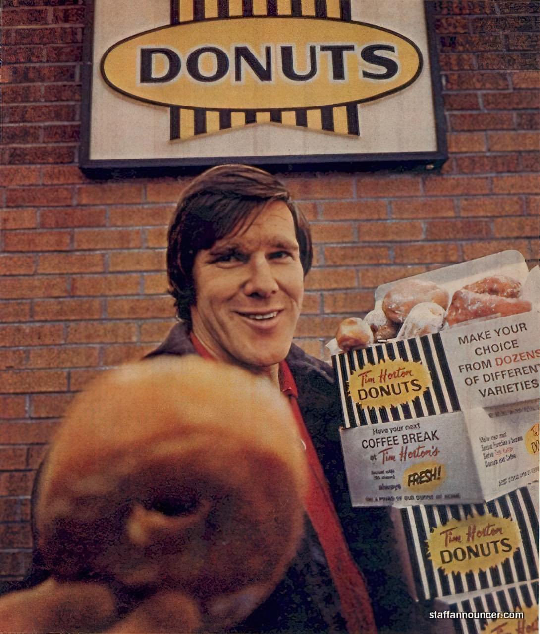 Tim Horton holding Tim Horton’s donuts in the 1970s